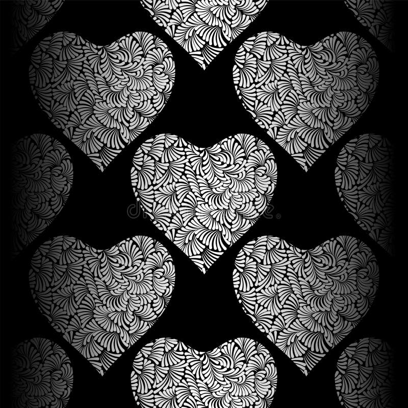 Zilveren harten naadloos vectorpatroon De glanzende en zwarte achtergrond van de Valentijnskaartendag Krabbelornament Textuur van royalty-vrije illustratie Zilveren harten naadloos vectorpatroon De glanzende en zwarte achtergrond van de Valentijnskaartendag Krabbelornament Textuur van royalty-vrije illustratie