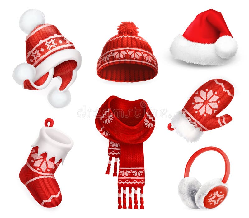 Winter clothes. Santa stocking cap. Knitted hat. Christmas sock. Scarf. Mitten. Earmuffs. 3d vector icon. Winter clothes. Santa stocking cap. Knitted hat. Christmas sock. Scarf. Mitten. Earmuffs. 3d vector icon