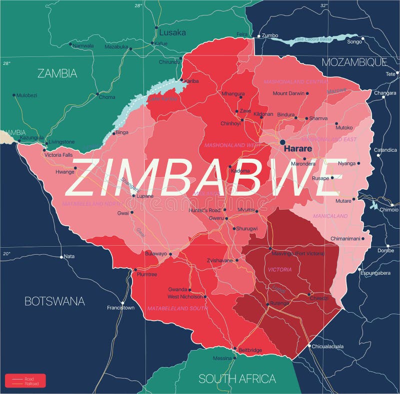 Zimbabwe Country Detailed Editable Map Regions Cities Towns Roads Railways Geographic Sites Vector Eps File 213460085 