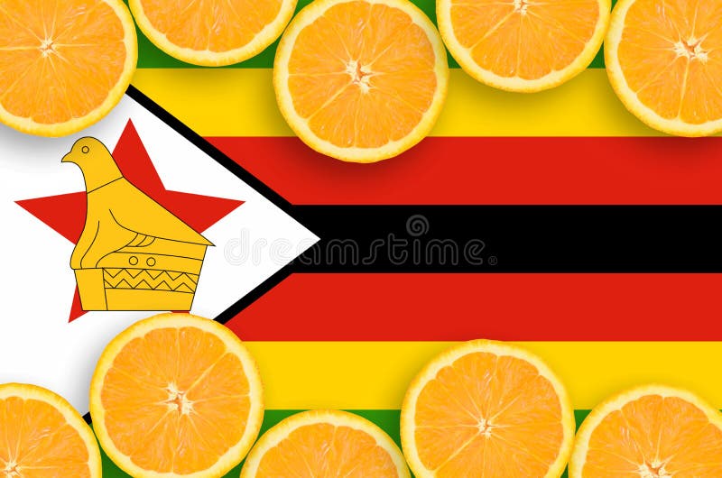 Zimbabwe flaga w cytrus owoc pokrajać horyzontalną ramę zdjęcie stock