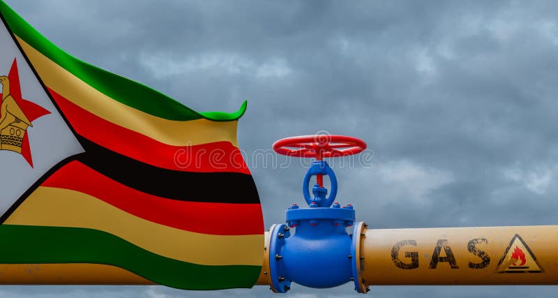 Zimbabwe gas, valve on the main gas pipeline Zimbabwe, Pipeline with flag Zimbabwe, Pipes of gas from Zimbabwe, 3D work and 3D royalty free illustration