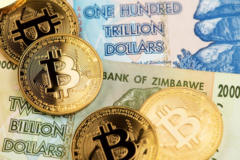 Zimbabwe hyperinflation banknotes and  Bitcoin Cryptocurrency coins