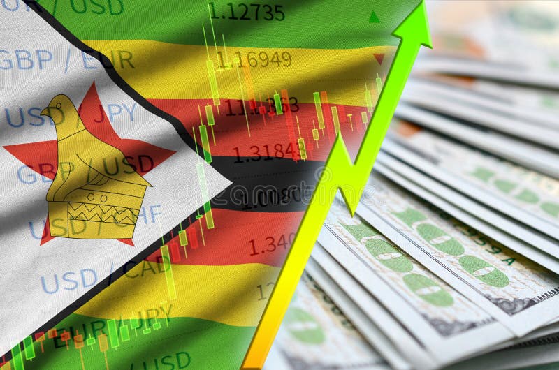 Zimbabwe mapy i flagi dolara amerykańskiego narastająca pozycja z fan dolarowi rachunki obrazy royalty free