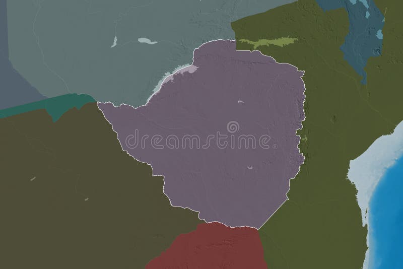 Zimbabwe outlined. Administrative. Extended area of outlined Zimbabwe. Colored elevation map. 3D rendering royalty free illustration Zimbabwe outlined. Administrative. Extended area of outlined Zimbabwe. Colored elevation map. 3D rendering royalty free illustration
