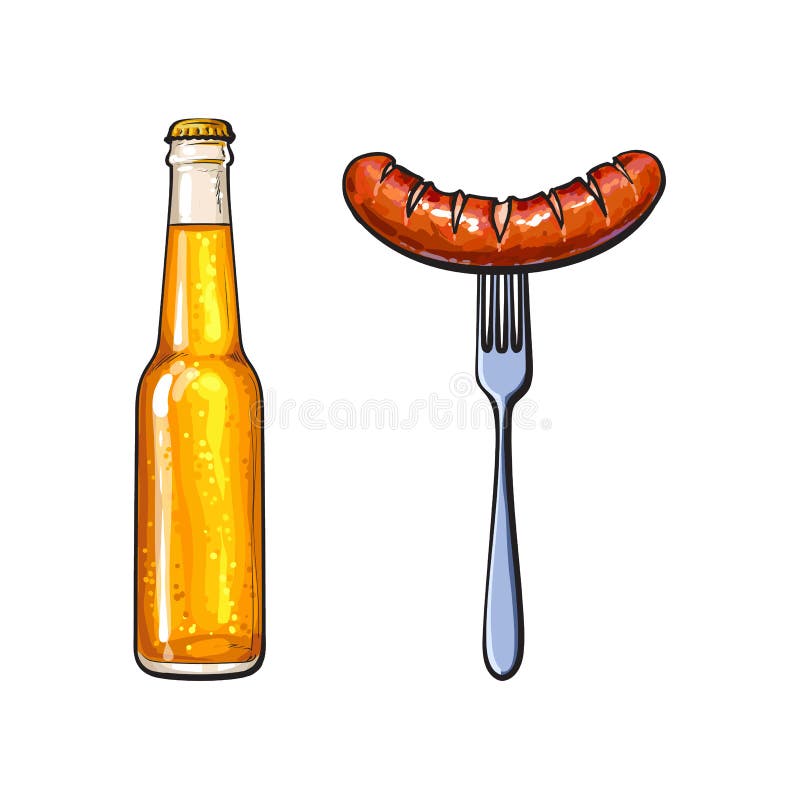 Zimny piwo i kiełbasa na rozwidleniu piec na grillu, barbequed, ilustracji Zimny piwo i kiełbasa na rozwidleniu piec na grillu, barbequed, ilustracji