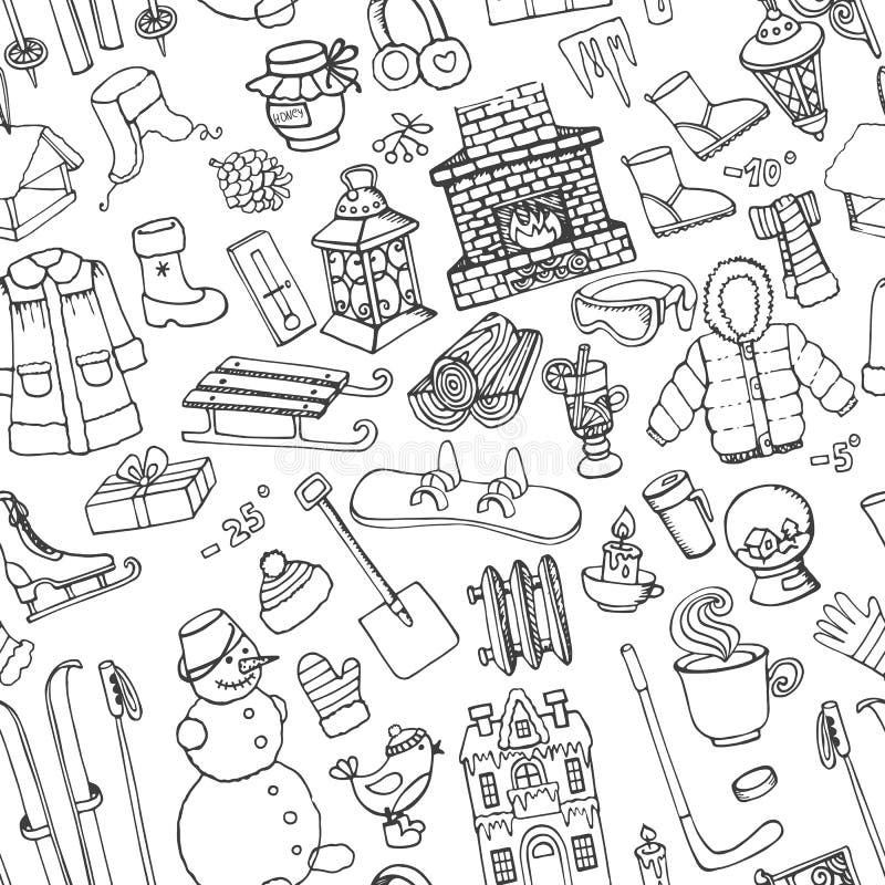 Zimy doodle bezszwowy wzór Liniowi elementy ilustracja wektor Zimy doodle bezszwowy wzór Liniowi elementy ilustracja wektor