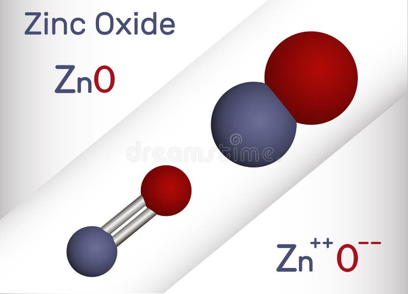 Zinc oxide, ZnO molecule. It is inorganic compound, mineral ingredient of various pharmacological preparations. Structural