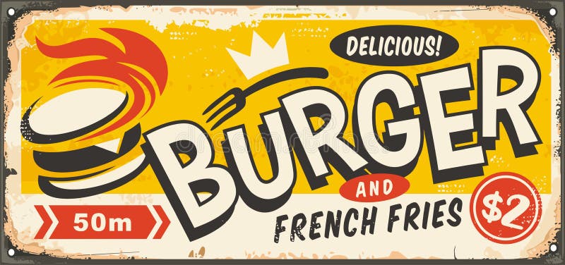 Zinnschild mit köstlichem Hamburger stock abbildung