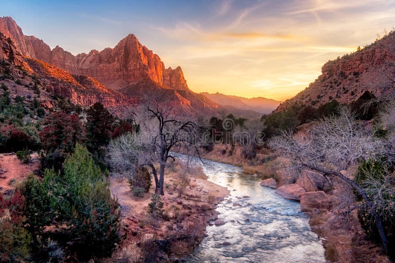 Zion national park late autumn landscape sunset view, USA