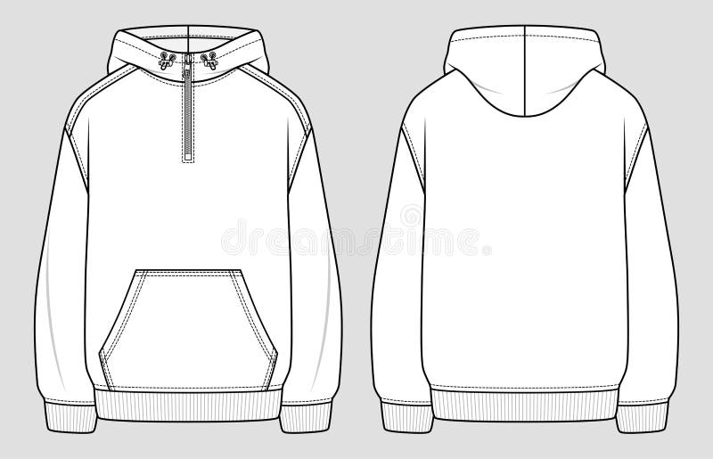 Hoodie with front zipper at the top. Unisex oversized sweatshirt. Vector technical sketch. Mockup template. Hoodie with front zipper at the top. Unisex oversized sweatshirt. Vector technical sketch. Mockup template
