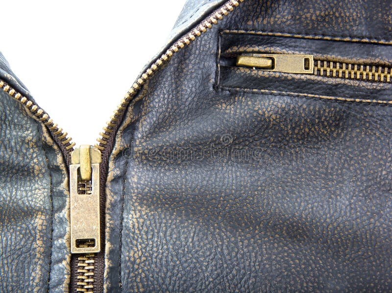 Zipper on Brown Leather Motorcycle Jacket Stock Photo Image of