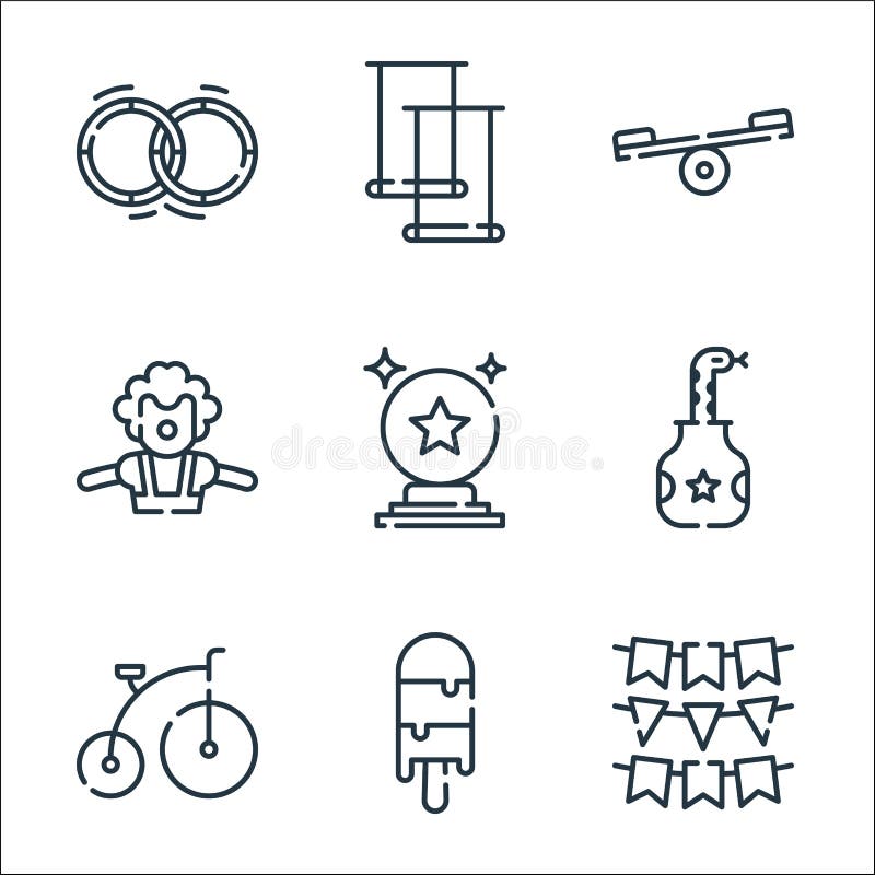 Zirkuslinie Symbole. linearer Satz. Qualitätsvektorlinie eingestellt wie GirlandenEiscreme bycicle Schlangenglaskugel-Clownstabili vektor abbildung