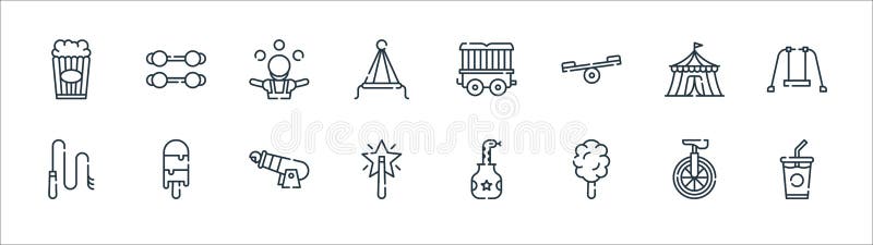 Zirkuslinie Symbole. linearer Satz. Qualitätsvektorlinie eingestellt wie Stabspeitschenzirkus-Jongleurlastwagen der Zuckerwatte de vektor abbildung