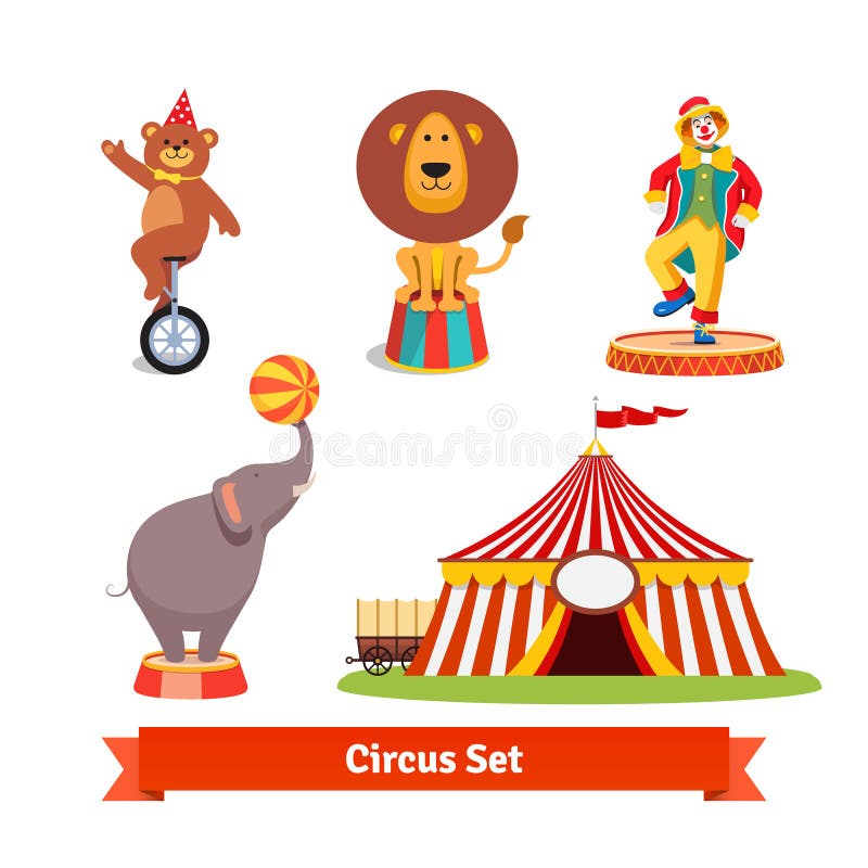 Zirkustiere, Bär, Löwe, Elefant, Clown stock abbildung Zirkustiere, Bär, Löwe, Elefant, Clown stock abbildung