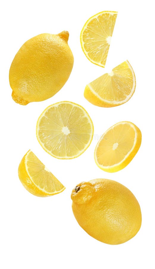 Zitrone, die des Fliegens von den Früchten lokalisiert auf weißem Hintergrund mit Beschneidungspfad fällt, hängt, ganzes und halb lizenzfreies stockfoto