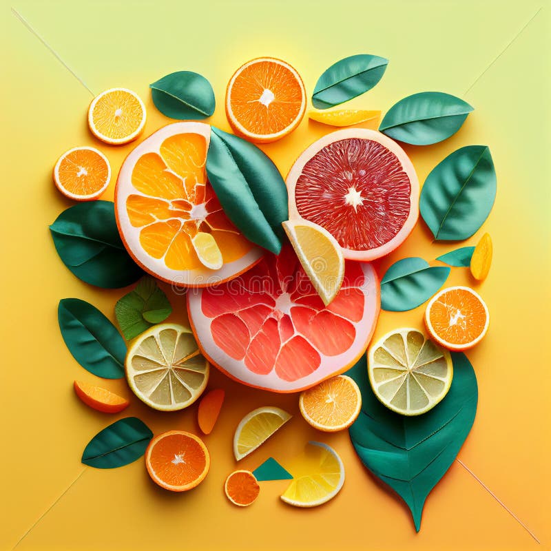 Zitrone und Grapefruits, geschnitten. Sommerfrüchte liegen flach im Hintergrund. Zitronen- und Orangenzitrusmuster. Sommervibes. ai erzeugten Zitrusfrüchte Scheiben von Orangenlachs sizilianischer Orange.