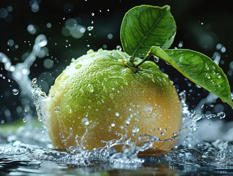 Zitronenspritze mit Wasser auf elegantem schwarzem Hintergrund, Zitronenplash mit Wassertropfen lizenzfreie stockbilder