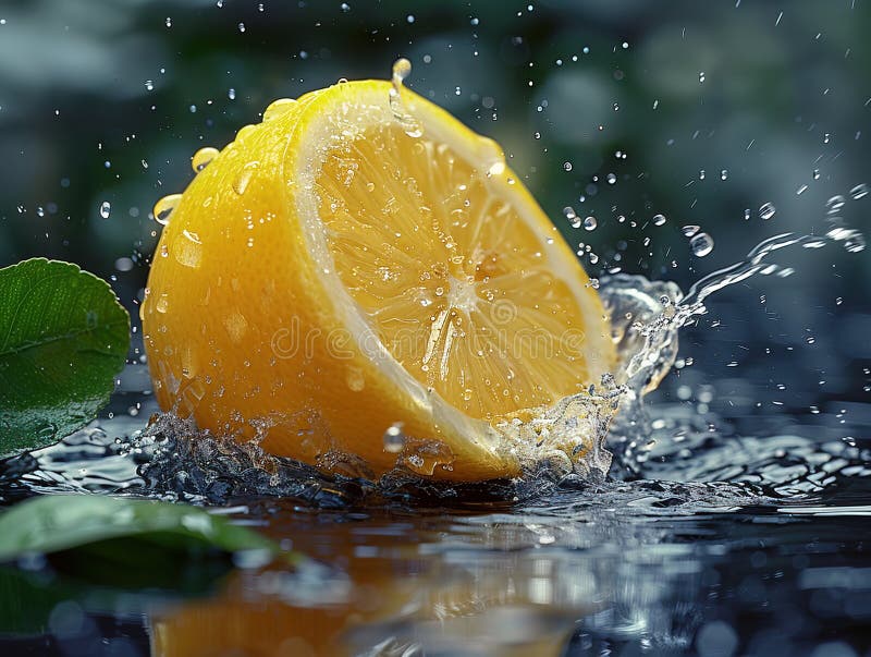 Zitronenspritze mit Wasser auf elegantem schwarzem Hintergrund, Zitronenplash mit Wassertropfen stockfoto