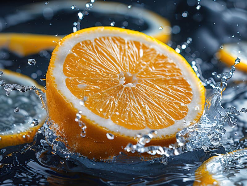 Zitronenspritze mit Wasser auf elegantem schwarzem Hintergrund, Zitronenplash mit Wassertropfen stockbilder