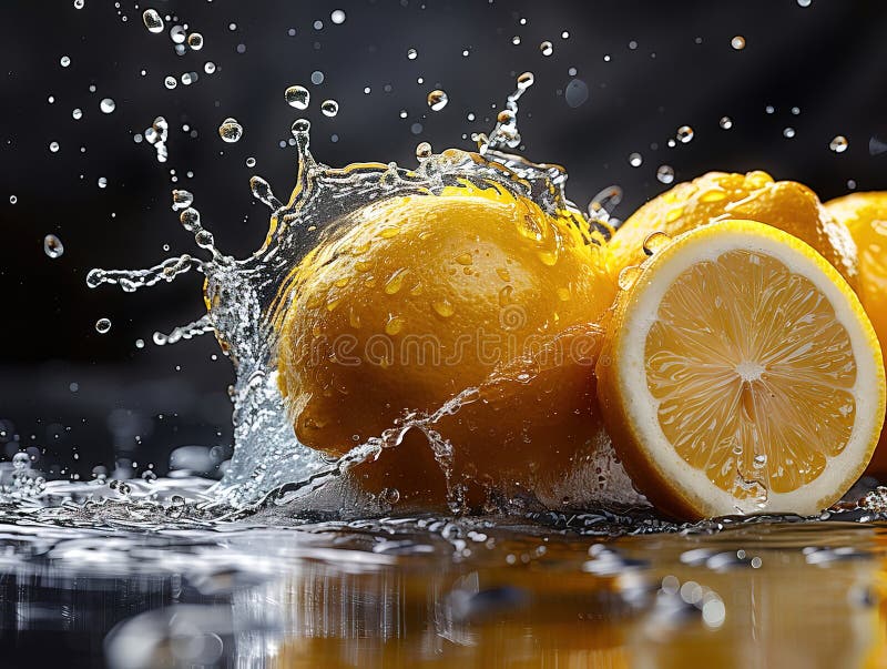 Zitronenspritze mit Wasser auf elegantem schwarzem Hintergrund, Zitronenplash mit Wassertropfen lizenzfreies stockfoto