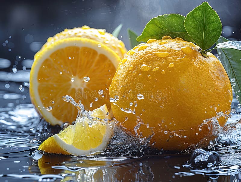 Zitronenspritze mit Wasser auf elegantem schwarzem Hintergrund, Zitronenplash mit Wassertropfen stockbilder