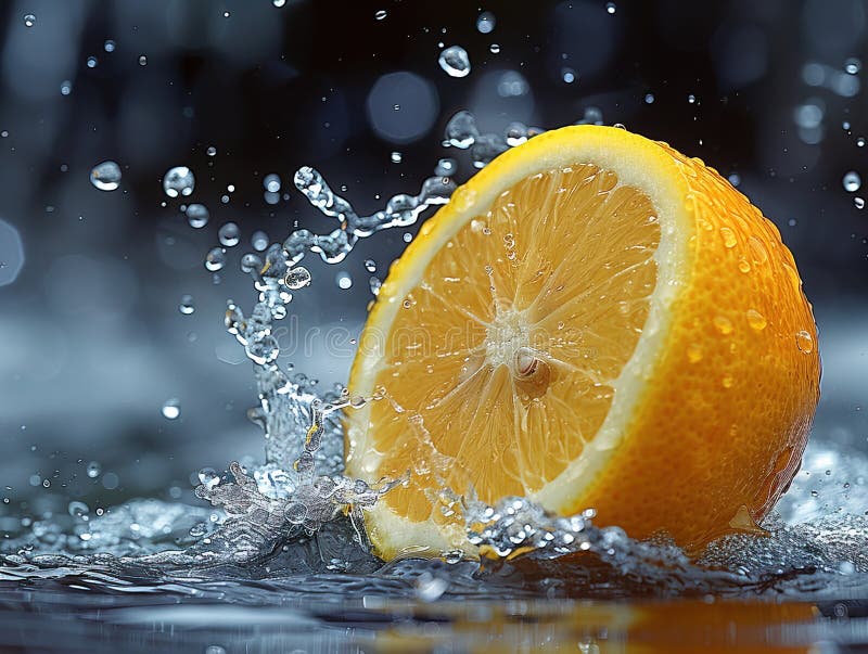 Zitronenspritze mit Wasser auf elegantem schwarzem Hintergrund, Zitronenplash mit Wassertropfen lizenzfreie stockbilder