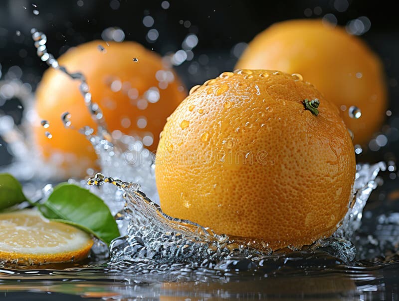Zitronenspritze mit Wasser auf elegantem schwarzem Hintergrund, Zitronenplash mit Wassertropfen lizenzfreie stockfotografie