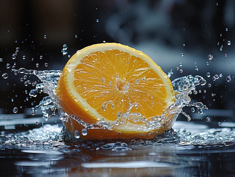 Zitronenspritze mit Wasser auf elegantem schwarzem Hintergrund, Zitronenplash mit Wassertropfen stockbild