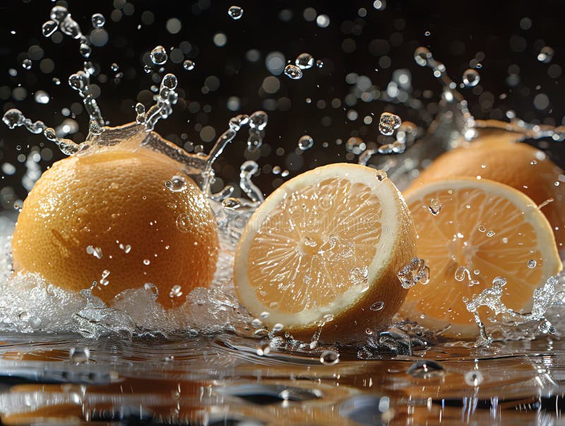 Zitronenspritze mit Wasser auf elegantem schwarzem Hintergrund, Zitronenplash mit Wassertropfen lizenzfreie stockfotos