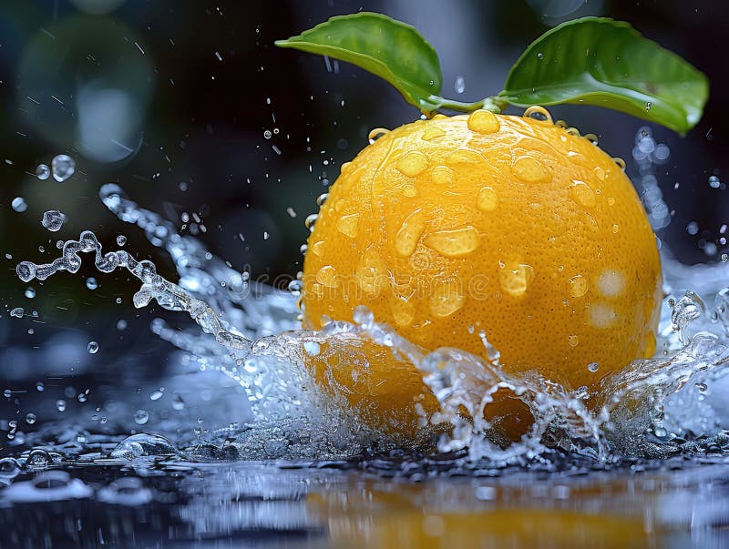 Zitronenspritze mit Wasser auf elegantem schwarzem Hintergrund, Zitronenplash mit Wassertropfen stockbild