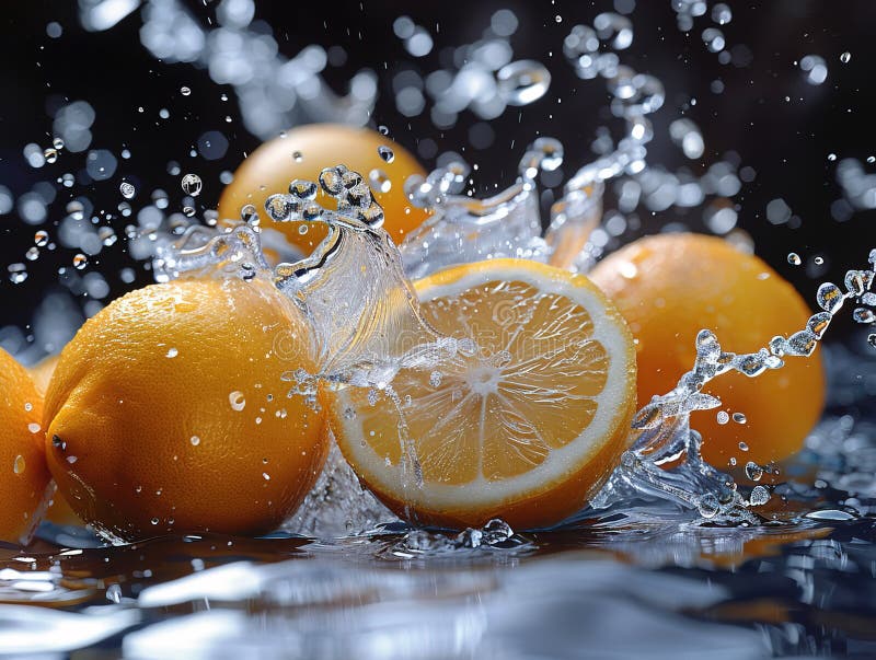 Zitronenspritze mit Wasser auf elegantem schwarzem Hintergrund, Zitronenplash mit Wassertropfen stockbilder