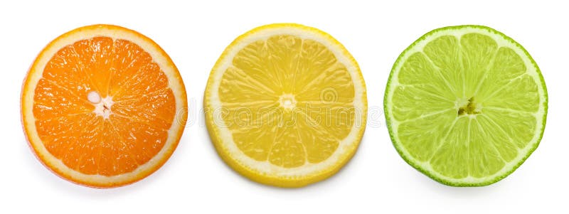 Zitrusfruchtscheibe, Orange, Zitrone, Kalk, lokalisiert auf weißem Hintergrund