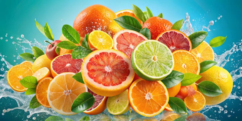 Zitrusfrüchte zerplatzen einen Splash von Farbe und Geschmack orange Grapefruitlauge Zitrone lässt Wasser spritzen digitale Kunst vektor abbildung