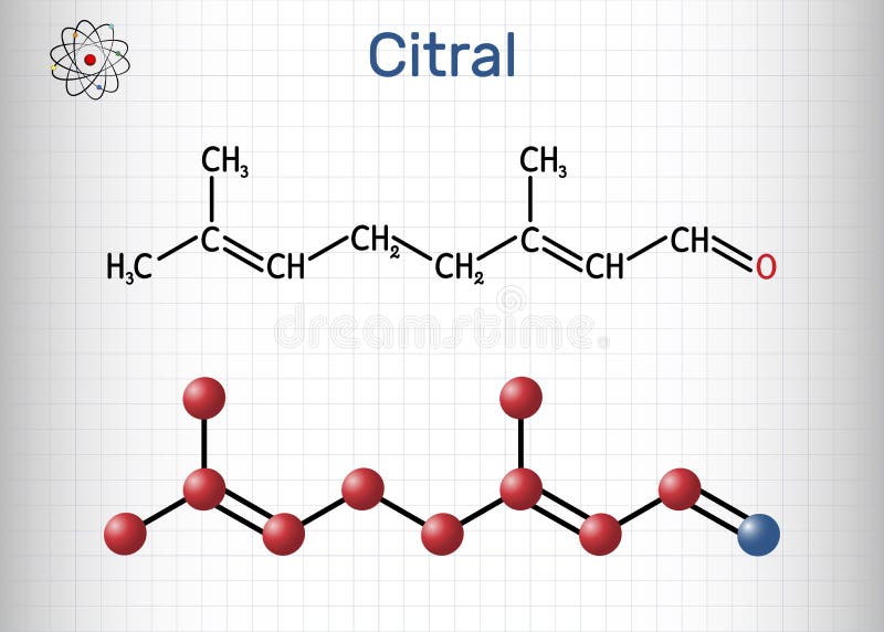 Zitrusgeranienmolekül. eine flüchtige Ölkomponente, die zur Herstellung anderer Chemikalien verwendet wird. Strukturformel und Molekül. Blatt Papier in einem Käfig. Vektorgrafik