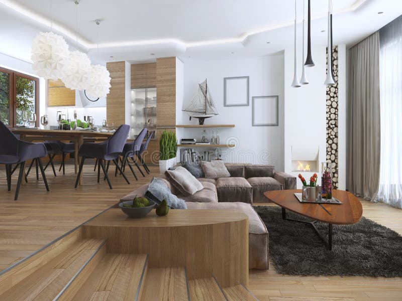 Zitslaapkamer met woonkamer en eetkamer in een contempor stock foto Zitslaapkamer met woonkamer en eetkamer in een contempor stock foto