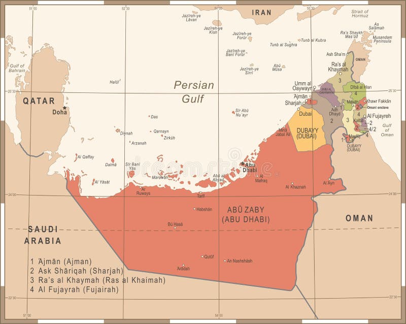 Zjednoczone Emiraty Arabskie mapa - rocznika wektoru ilustracja