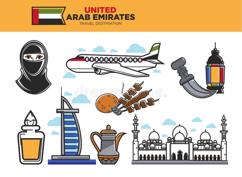 Zjednoczone Emiraty Arabskie podróży miejsca przeznaczenia plakat z krajów symbolami