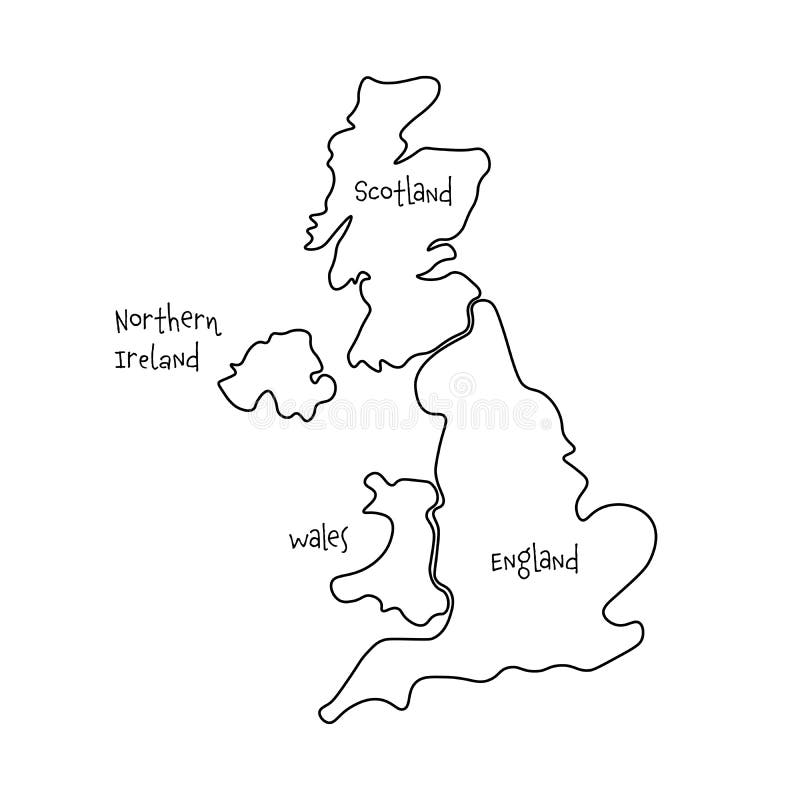 Zjednoczone Królestwo, aka UK, Wielki Brytania i Północny - Ireland pociągany ręcznie pusta mapa Dzielący cztery kraju - Anglia