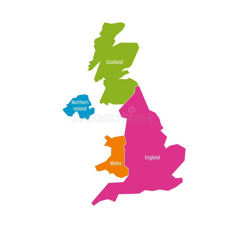 Zjednoczone Królestwo, UK, Wielki Brytania i Północny - Ireland mapa Dzielący cztery kraju - Anglia, Walia, Szkocja i