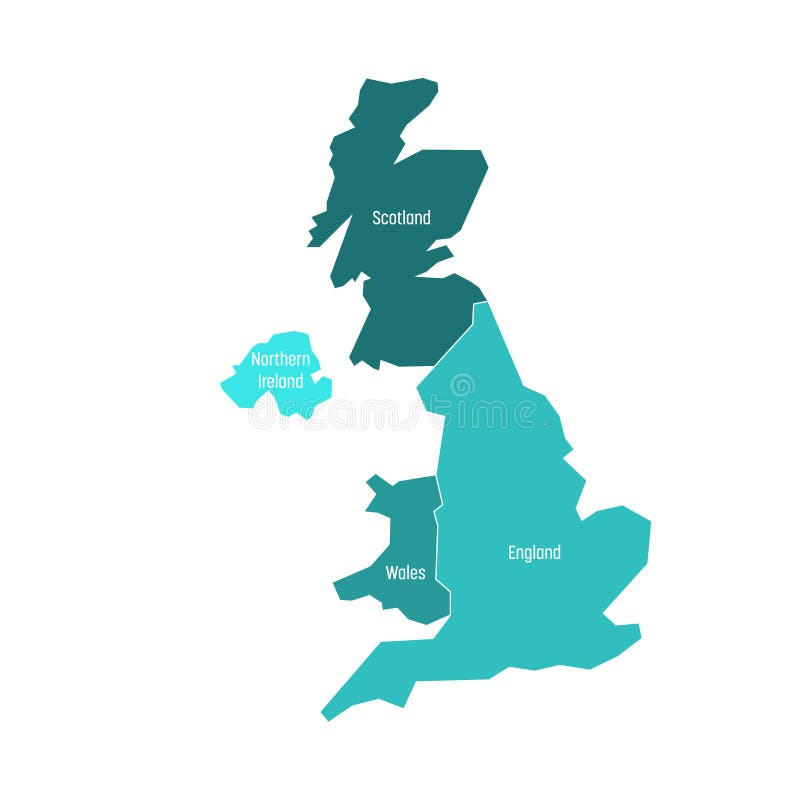 Zjednoczone Królestwo, UK, Wielki Brytania i Północny - Ireland mapa Dzielący cztery kraju - Anglia, Walia, Szkocja i