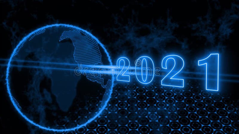 Zmiana roku 2021 abstrakcyjna animacja tekstowa obracająca się świecącym globem ziemskim przed ciemnym tłem z różnymi elementami g ilustracji