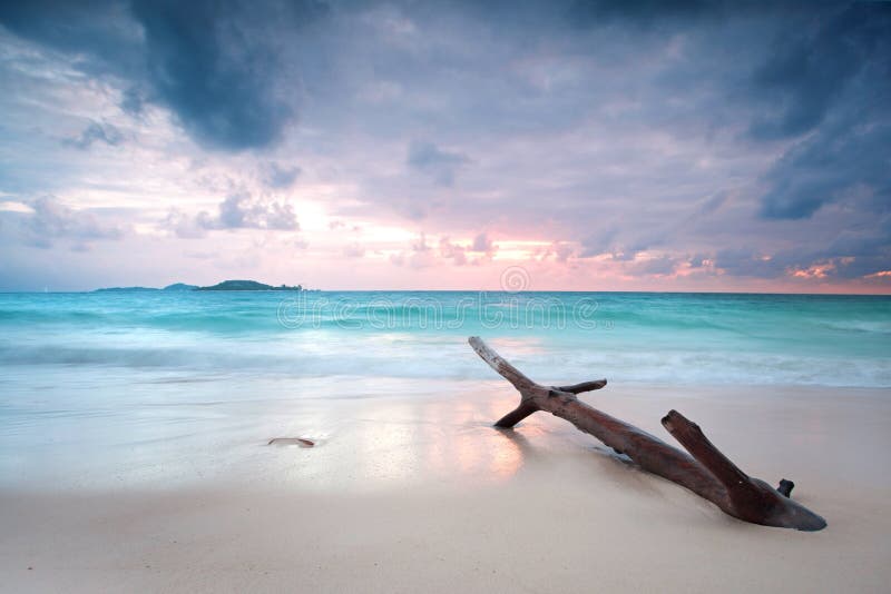 Zmierzch na plażowi Seychelles obraz royalty free Zmierzch na plażowi Seychelles obraz royalty free