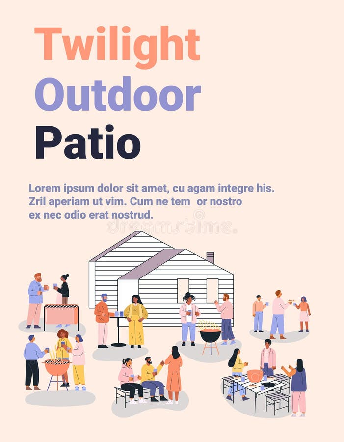 Zmierzch na zewnątrz patio podwórko impreza grillowa ludzie zbierają dom grilling jedzenie drinki impreza towarzyska świętowanie w ilustracja wektor