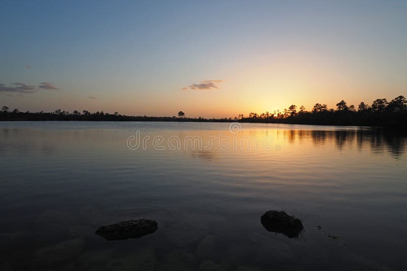 Zmierzch nad jeziorem sosnowym w everglades park narodowy florida. zdjęcia stock