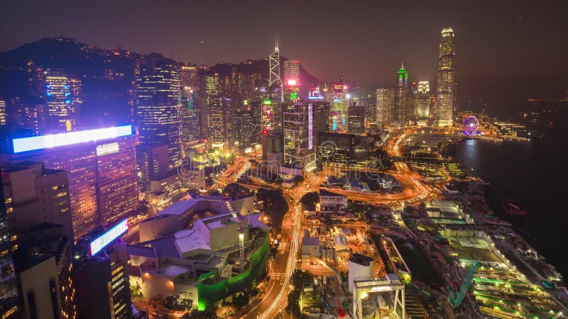 Zmierzch nocy światła Hong kong dachu ruchu drogowego zatoki panoramy 4k czasu upływu porcelana zbiory