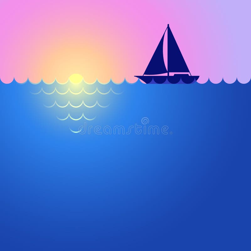 Zmierzch, wsch?d s?o?ca, ??d? i ocean, Krajobraz z jachtem Jachtu ?eglowanie na horyzoncie Denny rejs ilustracja wektor Zmierzch, wsch?d s?o?ca, ??d? i ocean, Krajobraz z jachtem Jachtu ?eglowanie na horyzoncie Denny rejs ilustracja wektor