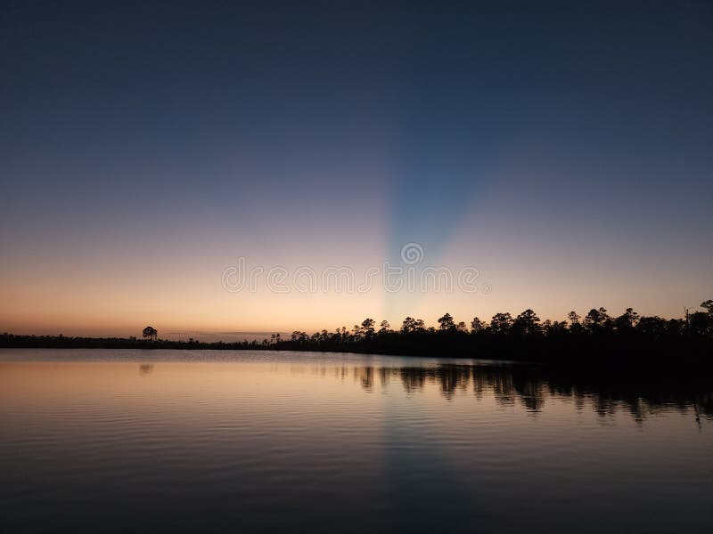 Zmierzchowe promienie słoneczne nad jeziorem sosnowym w everglades. zdjęcia royalty free