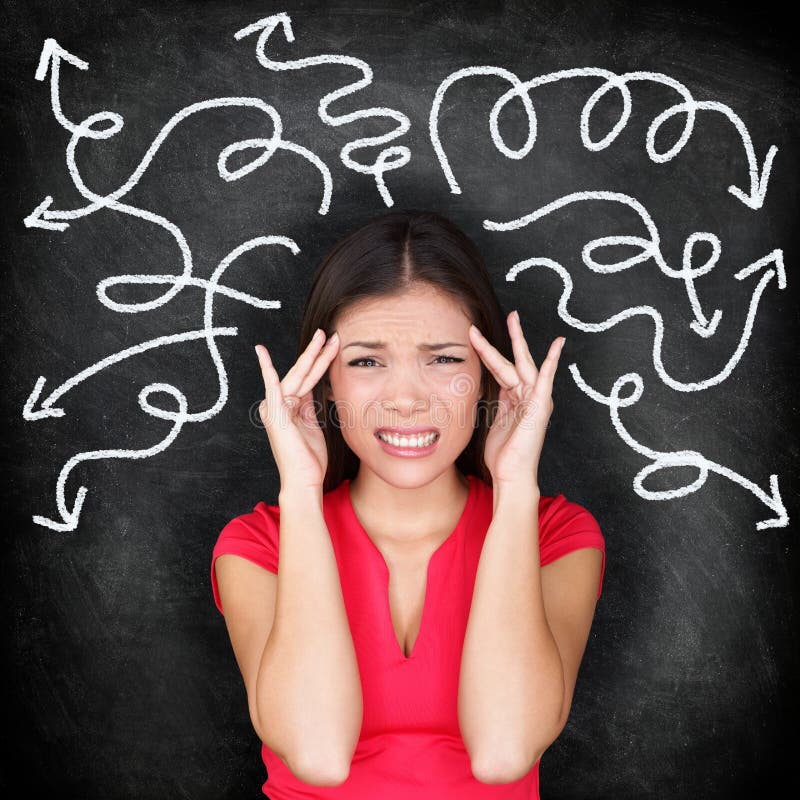 Confused woman - people feeling confusion and chaos. Indecisive, disorientated and bewildered woman stressed with headache over decision making. Girl in 20s on blackboard background. Asian / Caucasian. Confused woman - people feeling confusion and chaos. Indecisive, disorientated and bewildered woman stressed with headache over decision making. Girl in 20s on blackboard background. Asian / Caucasian