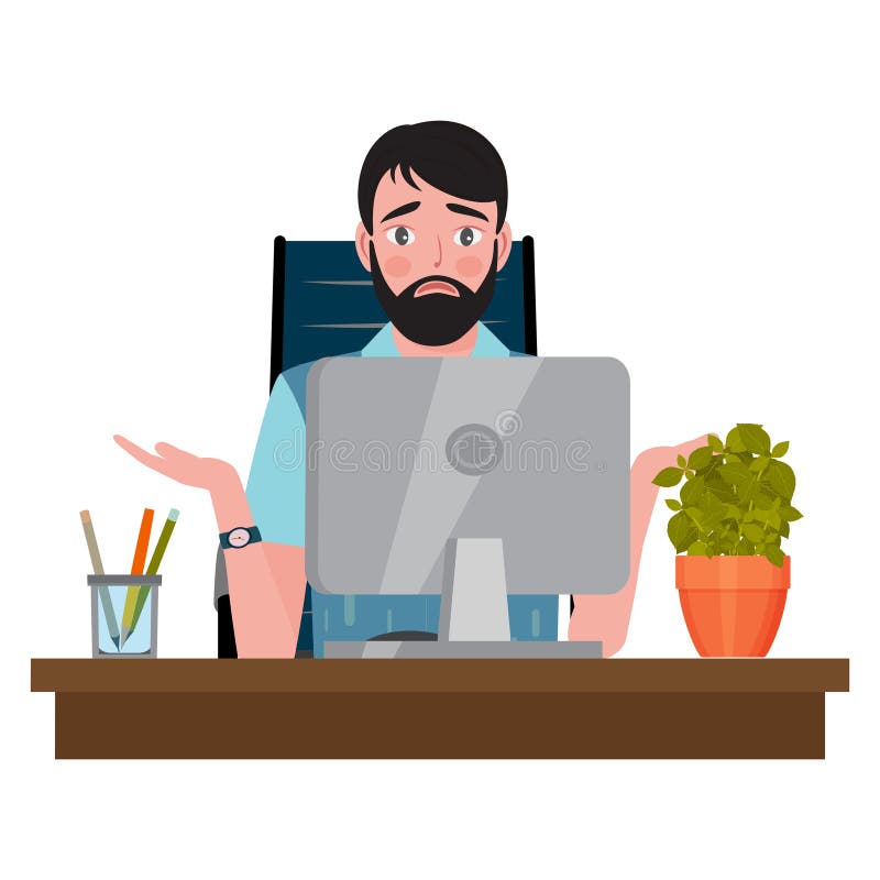 Confused man sitting on an office chair at a computer desk and looking at the monitor. Vector illustration. Confused man sitting on an office chair at a computer desk and looking at the monitor. Vector illustration.