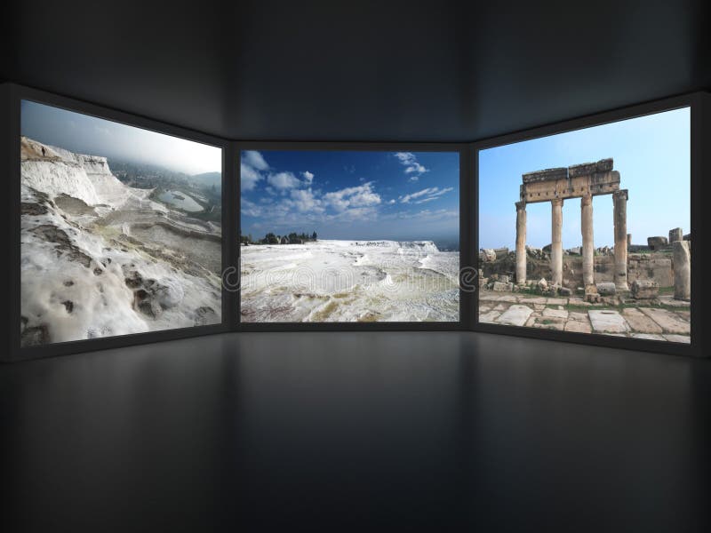 View from inside of dark room on three embrasures with photographic backgrounds of nature and ruins in them. View from inside of dark room on three embrasures with photographic backgrounds of nature and ruins in them